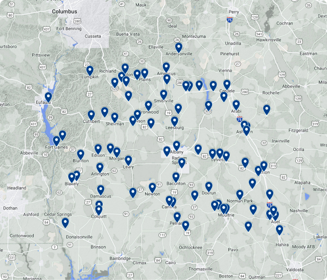 Map Showing Multiple Blue Location Pins Across Central And Southern Georgia, Indicating Various Points Of Interest Or Sites In The Region.
