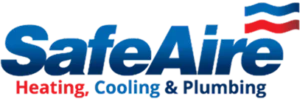 Logo for SafeAire Heating, Cooling & Plumbing with blue text and red and blue wave designs.
