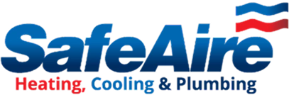 Logo for SafeAire Heating, Cooling & Plumbing with blue text and red and blue wave designs.